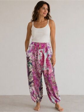 Colorful Pink Paisley boho patchwork Harem Pants size medium